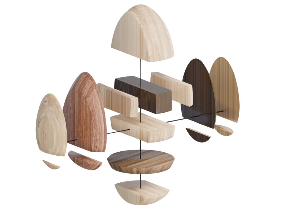 Toupet - Emily in Paris - La chasse aux oeufs Œuf en bois design, objet artisanal uniques avec incrustation géométrique et gravure, exposés sur fond noir. Pièce de collection fabriquée à la main avec des matériaux nobles Maquette d'un oeuf en 3D en vue éclatée